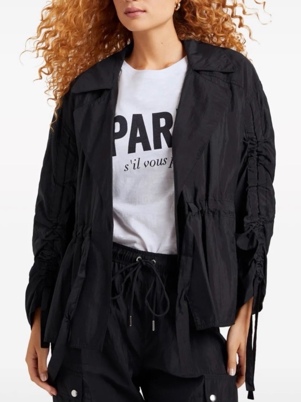 Cinq A Sept Emmeline Drawstring-Waist Woven Nylon Jacket Relaxed Glam Black XS